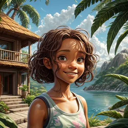 modern house in the background,moana,mowgli,polynesian girl,tiana,agnes,polynesian,hushpuppy,tahiti,polynesia,world digital painting,seychelles,kalua,little girl in wind,hula,island residents,coco,cas