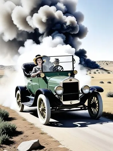 Comic drawing in the style of Roy Lichtenstein: Mrs. Clara Jane Ford is at the center of the action. She is driving a Ford (Model T) through a Texan landscape, its dark green paint reflecting the brig