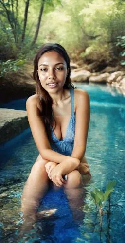 En el paraíso perdido, plena primavera azul, Ella es un dulce sueño que jamás se hará realidad, imagen de cuerpo entero, perfecta,an asian woman sitting in a pool with her eyes open,thermal spring,und