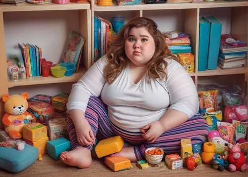 ssbbw girl, chubby belly, stuffed with food, cute expression, rosy cheeks, messy brown hair, colorful clothes, striped leggings, white shirt, bare feet, sitting on floor, surrounded by snacks, toys an