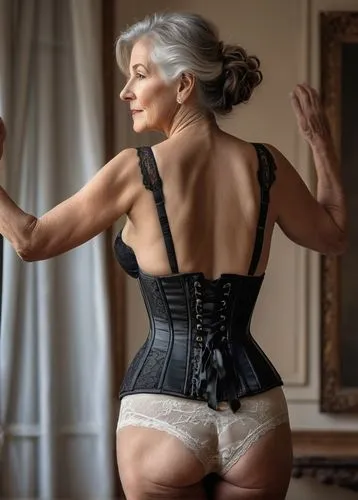 60 jährige mit dem Rücken zur Kamera, mit dem Korsett und einem Spitzenhöschen bekleidet, die Arme über den Kopf erhoben,a woman in underwear posing for the camera,leibovitz,labovitz,corsets,corset,co