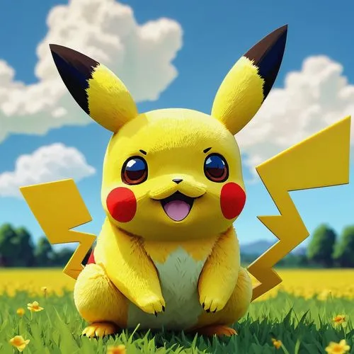 Cute Pikachu, pixel art style, yellow fur, red circles on cheeks, big eyes, sweet facial expression, standing pose, front view, grassland, sunny day, few white clouds, simple blue sky, 8-bit retro aes