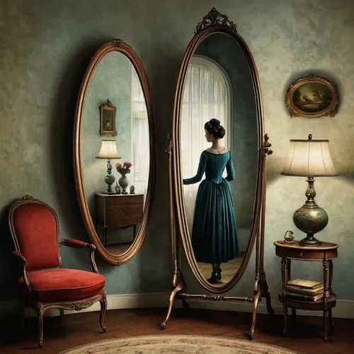 the mirror,magic mirror,miroir,doll looking in mirror,victoriana,victorian lady,Illustration,Realistic Fantasy,Realistic Fantasy 35