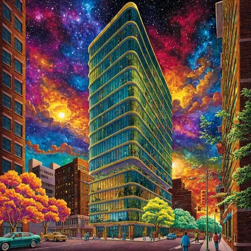 a large building that has many trees on it,kaleidoscape,colorful city,kaleidoscope art,space art,skyscraping,skycraper,Conceptual Art,Daily,Daily 28