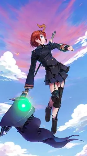 Una chica joven demonio con un cuerno en la frente, pelo corto de color oscuro, ojos carmesí rojo, huérfanos de cargo comandante superior, aura espiritual poderosa, guerrera, Crunchyroll, pixiv, danbo