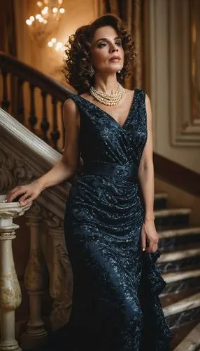 Elegant woman, Escaramuza dress, mature lady, curly brown hair, elegant makeup, pearl necklace, high heels, standing, posing, luxurious interior, grand staircase, marble floor, velvet curtains, soft f