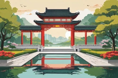 japanese garden,koi pond,background vector,qingcheng,lotus pond,lily pond,zui,torii,landscape background,yangzhou,kyoto,qibao,travel poster,sanshui,frame border illustration,hangzhou,japanese shrine,japanese garden ornament,wenxian,taoism,Illustration,Vector,Vector 01