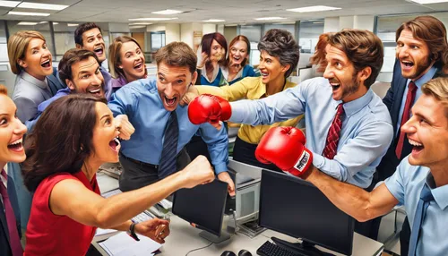 In a busy office, describe a lighthearted moment where colleagues playfully exchange friendly punches.,content writers,employees,call centre,call center,business people,team meeting,connect competitio