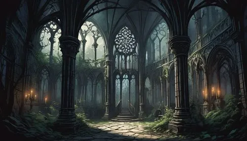 hall of the fallen,elven forest,labyrinthian,haunted cathedral,alfheim,witch's house,castlevania,threshhold,mirkwood,waldgraves,arbor,morgul,nargothrond,forest chapel,gothicus,castle of the corvin,vestal,gothic,gothic style,holy forest,Illustration,Japanese style,Japanese Style 07