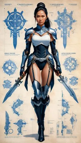 female warrior,blue enchantress,swordswoman,warrior woman,neottia nidus-avis,breastplate,blueprint,sterntaler,huntress,scales of justice,heroic fantasy,biomechanical,lotus png,gear shaper,fantasy warrior,symetra,jaya,katana,figure of justice,massively multiplayer online role-playing game,Conceptual Art,Fantasy,Fantasy 03