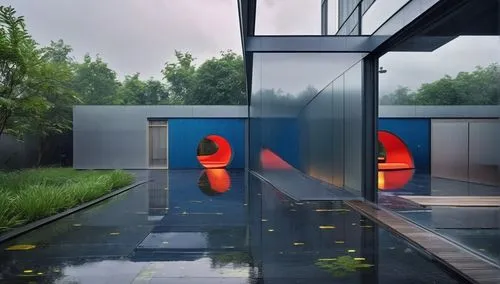 aqua studio,mirror house,cubic house,cube house,futuristic architecture,rain stoppers,infinity swimming pool,sliding door,glass wall,cube stilt houses,glass facade,modern architecture,rain shower,rainwater,corten steel,modern house,rain bar,glass blocks,chinese architecture,opaque panes,Photography,General,Realistic