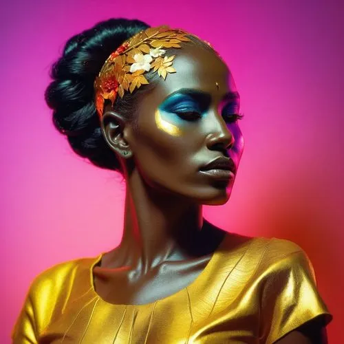 Elegant Fantasy of Shiva,a woman in a golden outfit with bright makeup,byanyima,neon makeup,rwandan,raja,sudanese,colorism,Photography,Artistic Photography,Artistic Photography 08