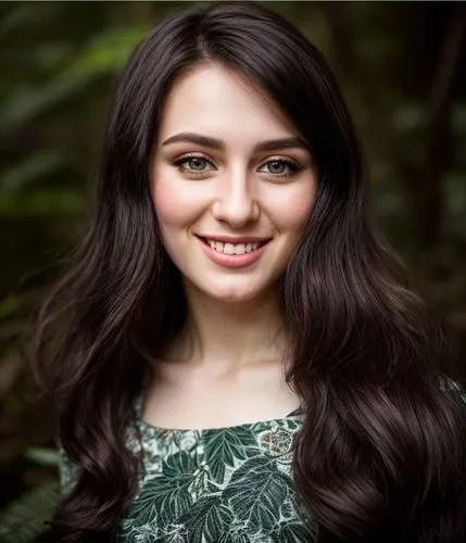 a portrait of a beautiful caucasian girl 26 years old black hair smiling in a stamping dress in a forest as background in 4k,portrait background,portrait photography,social,beautiful young woman,woode