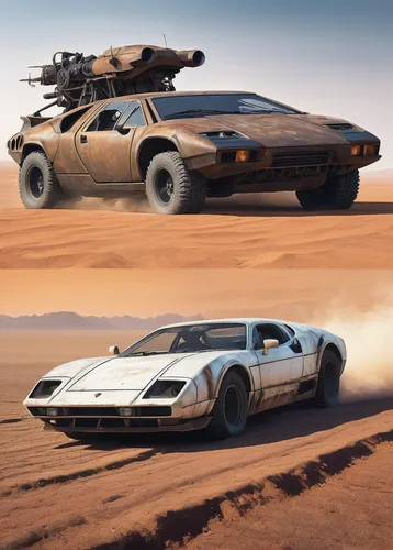 desert safari,delorean dmc-12,lamborghini countach,mad max,desert racing,lamborghini espada,off-road vehicles,lancia stratos,countach,vehicles,desert run,bmw m1,super cars,lamborghini reventón,retro vehicle,lamborghini jarama,dune,off-road car,sidewinder,lamborghini diablo,Illustration,Realistic Fantasy,Realistic Fantasy 18