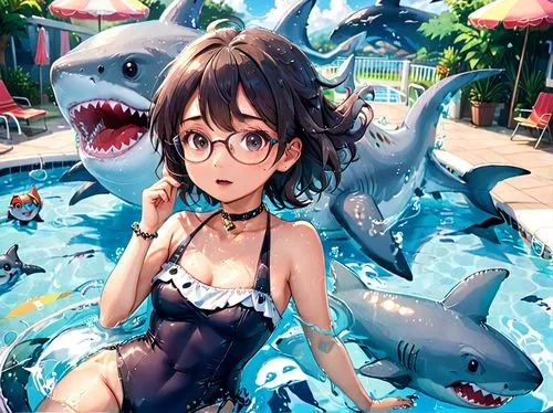 kawaii people swimming,inflatable pool,water park,waterpark,anime 3d,nami,Anime,Anime,Traditional