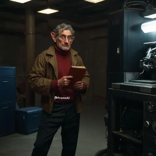 Old man in black pants in a basement next to a machine with desk an d chair ,a man standing next to an old movie projector,kieslowski,sokurov,bakula,cinematographer,rushkoff,man with a computer