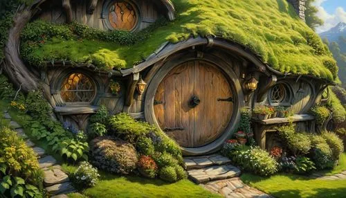 hobbiton,hobbit,fairy door,fairy house,fairy village,druid grove,witch's house,tree house,aurora village,knight village,crooked house,home landscape,dandelion hall,tree house hotel,little house,knothole,treehouse,house in the forest,grass roof,scandia gnomes,Illustration,Realistic Fantasy,Realistic Fantasy 03