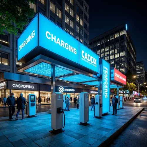 Vibrant charging stations, futuristic architecture, sleek metal surfaces, neon-lit accents, bold typography, electric blue hues, bright whites, deep blacks, modern LED lights, geometric patterns, abst