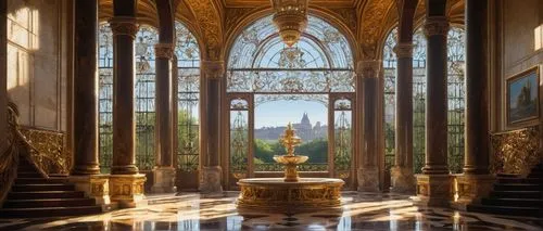 highclere castle,dunrobin castle,palladianism,versailles,villa d'este,cliveden,ritzau,ornate room,enfilade,château de chambord,grandeur,alcazar of seville,harlaxton,gold castle,europe palace,royal interior,the palace,palatial,chambord,mirogoj,Illustration,Retro,Retro 09