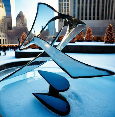 Crystal glass statue in front of ice ring at the rockefeller center in winter on a sunny day,a metal sculpture near some snowy trees in the city,glass yard ornament,steel sculpture,sundial,calder,glas