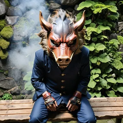 Inosuke Hashibira from 'Demon Slayer,' wearing a boar head mask, sits on a bench with his back to the camera. The boar head is turned to the right, with Inosuke glancing sideways at the camera.,shisa,