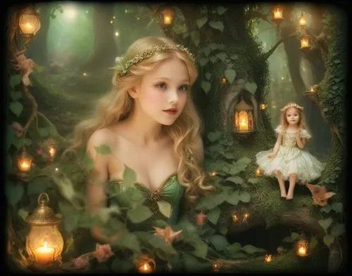 a cute little girl in a dress near some lights,faerie,faery,little girl fairy,fairy forest,fairyland,fairy,Illustration,Realistic Fantasy,Realistic Fantasy 02