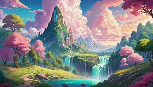 fantasy landscape,mushroom landscape,fairy world,landscape background,skylands,fantasy picture,futuristic landscape,fairy forest,3d fantasy,mountain landscape,nature landscape,fairy village,purple landscape,an island far away landscape,forest landscape,mountainous landscape,fairyland,high landscape,paisaje,nature background,Illustration,Realistic Fantasy,Realistic Fantasy 43