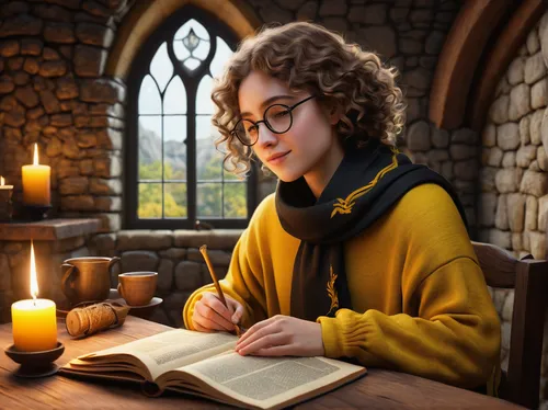 librarian,scholar,girl studying,learn to write,candlemaker,tutor,writing-book,sci fiction illustration,author,binding contract,fantasy portrait,eading with hands,a letter,tutoring,writing accessories,bookworm,reading glasses,academic,magic book,girl drawing,Illustration,Realistic Fantasy,Realistic Fantasy 31