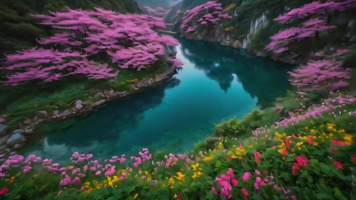 the valley of flowers,splendor of flowers,sea of flowers,flower water,japanese alps,alpine flowers,beautiful landscape,south korea,guizhou,nature landscape,japan landscape,river landscape,beautiful japan,lilies of the valley,spring nature,purple landscape,colors of spring,landscapes beautiful,mountain spring,splendid colors,Photography,General,Fantasy