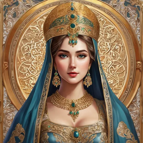 the prophet mary,cleopatra,fantasy portrait,artemisia,miss circassian,diadem,priestess,golden wreath,sultana,mary-gold,celtic queen,golden crown,oriental princess,portrait background,fantasy art,dulzaina,cepora judith,athena,jaya,arabian,Illustration,Realistic Fantasy,Realistic Fantasy 43