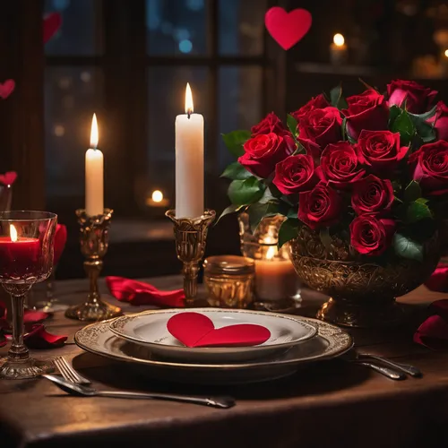 Craft romantic Valentine's Day images with candlelit dinners, roses, and heartfelt messages. Design intimate greetings for a passionate and love-filled evening.,romantic dinner,romantic night,valentin