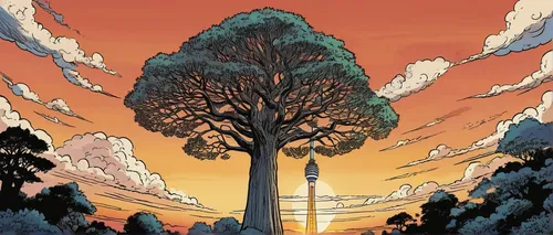 Describe the majestic sky tree at sunset,bodhi tree,lone tree,tree torch,flourishing tree,tree canopy,treetop,tree top,a tree,tree of life,the trees,of trees,hokka tree,magic tree,tree,araucaria,decid