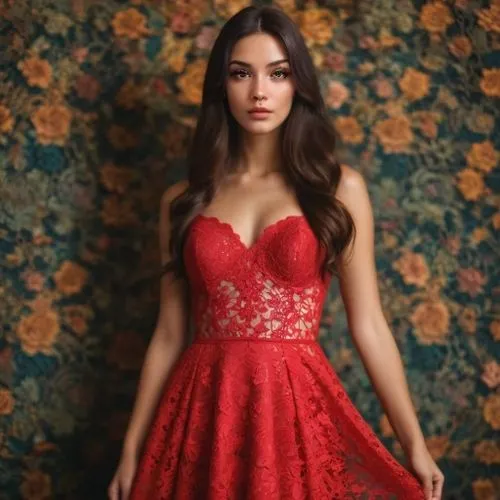 قماش دانتل ,a young lady poses wearing a red dress,girl in red dress,red gown,man in red dress,red dress,in red dress,lady in red