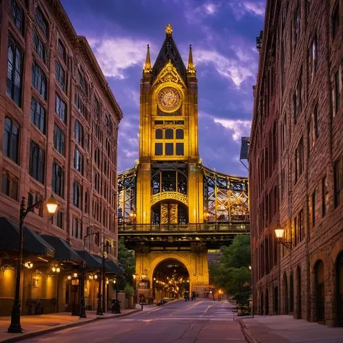 Pittsburgh cityscape, urban landscape, historic buildings, steel city, Golden Triangle, Allegheny River, Sixth Street Bridge, PNC Park, evening time, warm golden light, dramatic clouds, low-angle shot