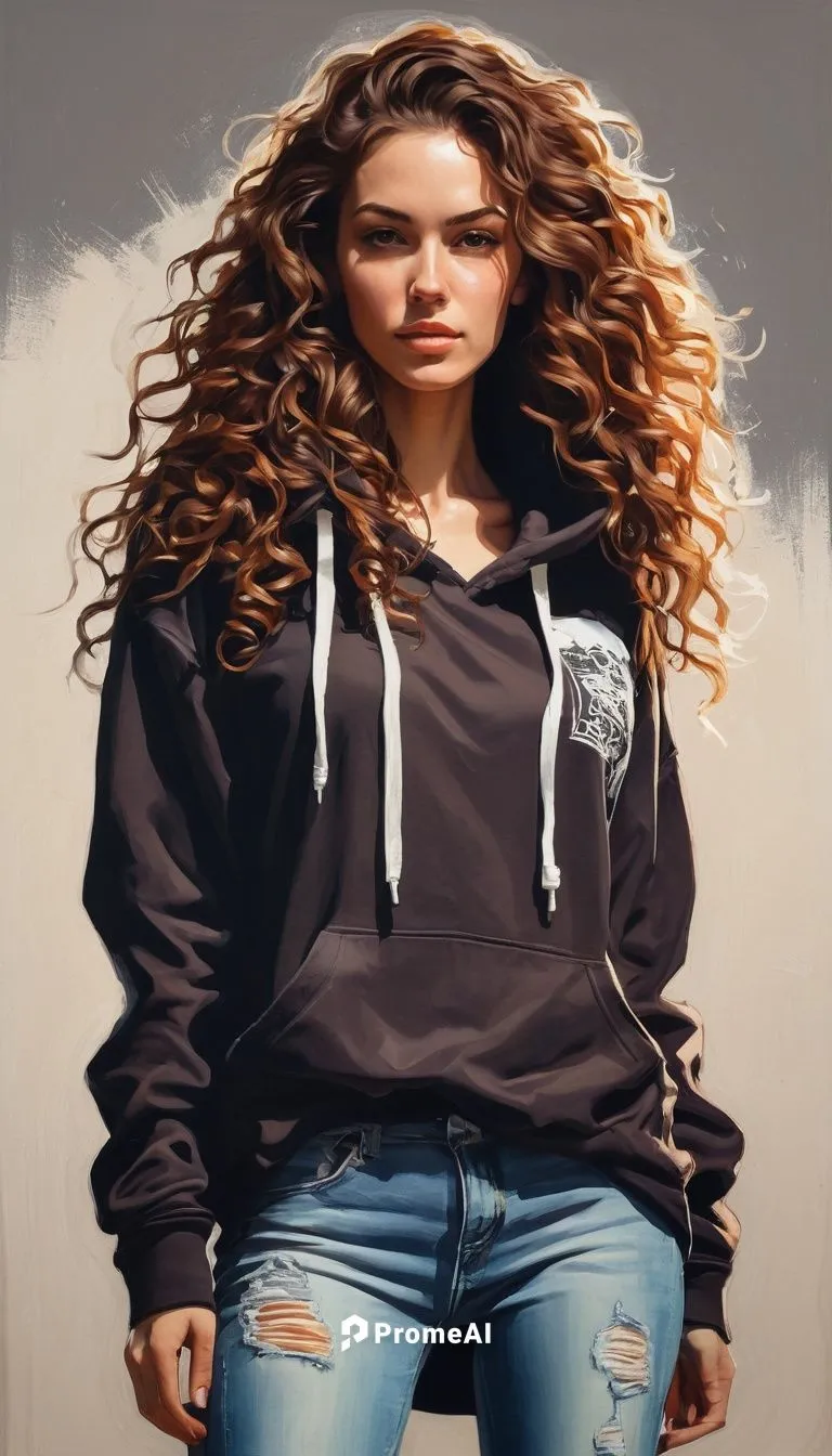 tall yungwoman in short halfweatshirt with hoodie on the back, long strong wavy curly flared hair, brown hair,,derivable,women clothes,sweatshirt,girl in t-shirt,hoodie,women fashion,cafepress,image m