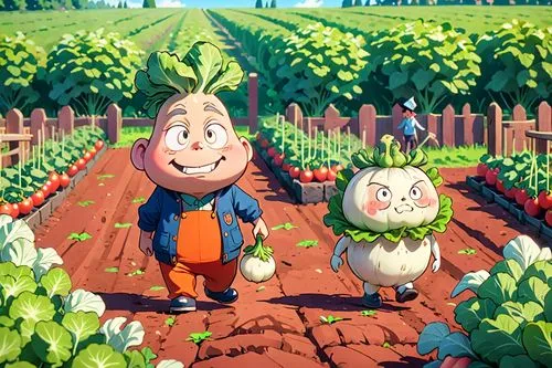 Anthropomorphized person walks through a vegetable garden. The turnip should have short legs and small arms, with an angry expression. He strolls calmly between rows of vegetables, such as carrots, le