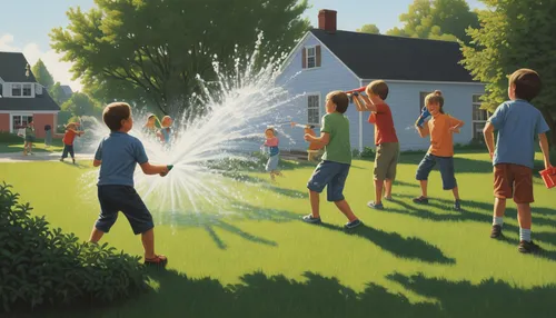 Imagine a chaotic scene as a mischievous group of children gleefully water the shrubs, creating a playful water fight.,water hose,sprinkler system,water fight,garden hose,sprinkler,watering,water hydr