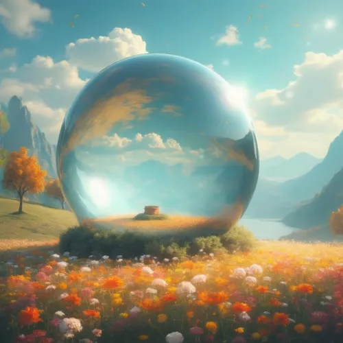 Glass orb slowly starting to float above the meadow,a painting of a clear glass ball in a grassy field with colorful flowers,crystal ball-photography,glass sphere,crystal ball,fantasy landscape,giant 