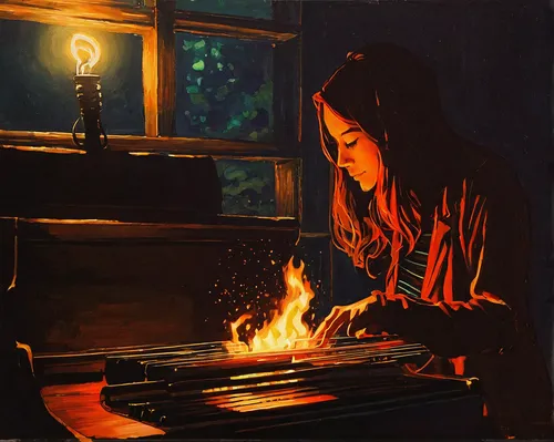 In the depths of loneliness, music can be your saving grace. Let it ignite a fire within and start somethin'.,fire artist,girl studying,pianist,burning candle,burning candles,burning hair,woman playin