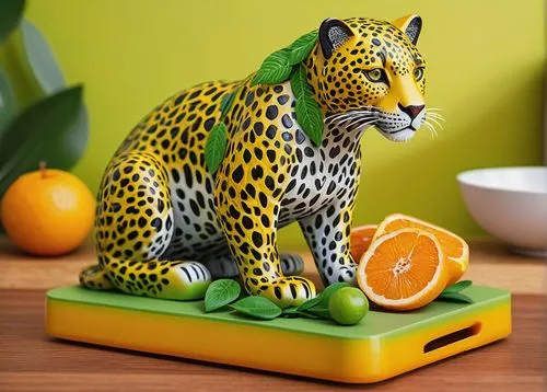 Vibrant Blox art style, colorful leopard fruit, solo, central composition, detailed texture, glossy surface, bright green leaves, yellow orange pulp, juicy flesh, wooden cutting board, kitchen counter