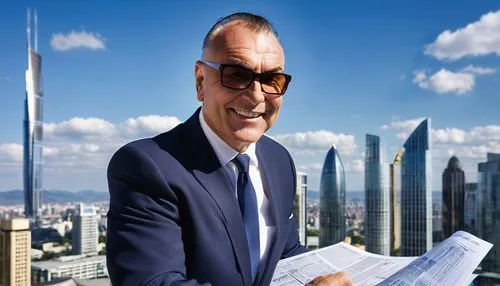 Middle-aged male architect, standing, confident smile, black-framed glasses, short brown hair, formal wear, white shirt, dark blue suit, tie, holding blueprint, pointing at building model, modern skys