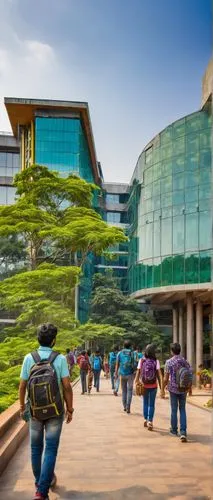 Bangalore, architecture and design colleges, modern buildings, glass facades, steel structures, green roofs, urban landscape, bustling streets, students walking, backpacks, laptops, notebooks, pens, c