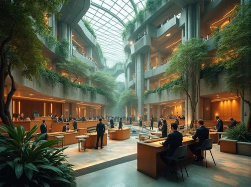 Courthouse, Metabolism style, futuristic, modular structure, interconnected pods, green walls, living trees, natural light, open spaces, minimalist furniture, sleek lines, metallic materials, glass ce