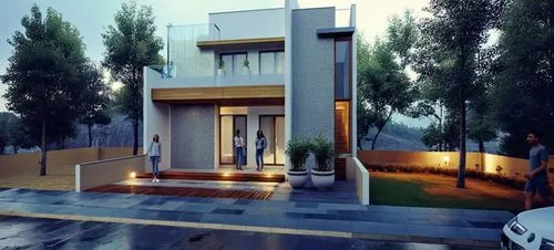 DISEÑO EXTERIOR DE UNA RESIDENCIA  ESTILO MINIMALISTA, CON MUROS CON CANTERA GRIS, EN COMBINACION CON MUROS DE COLOR BLANCO Y GRIS,VENTANAS DE ALUMNIO CON CRSITAL, PLANO CINEMATOGRAFICO, CORRECCION DE