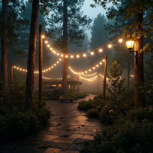 fairy lights,festoons,string lights,enchanted forest,ambient lights,elven forest,foggy forest,lights serenade,enb,fairy forest,luminous garland,evening atmosphere,cryengine,forest path,fireflies,lights,garland lights,rustic aesthetic,forest of dreams,scene lighting