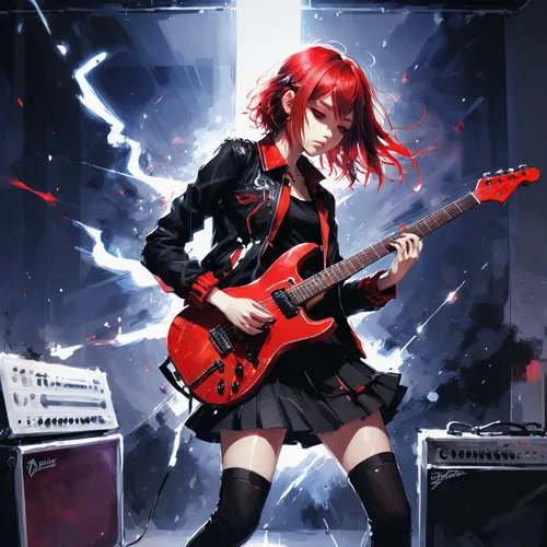 electric guitar,rocker,bass guitar,electric bass,lead guitarist,rock music,concert guitar,bassist,guitar,guitarist,rock band,guitar player,red-haired,lady rocks,epiphone,playing the guitar,maki,guitor,rock,rock concert,Illustration,Paper based,Paper Based 20