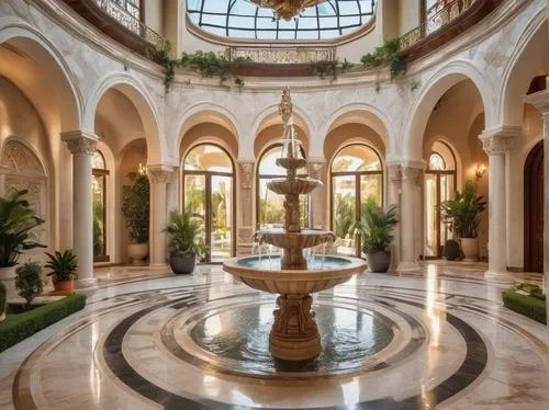 floor fountain,decorative fountains,sursock,emirates palace hotel,marble palace,spa water fountain,leterme,atriums,palladianism,philbrook,hotel lobby,ritzau,wintergarden,lobby,glyptotek,winter garden,palatial,montecarlo,qasr al watan,stone fountain,Illustration,Realistic Fantasy,Realistic Fantasy 43