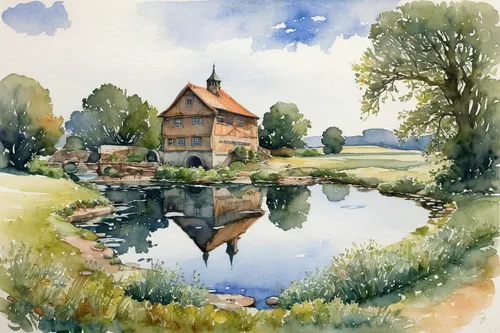 house with lake,watercolor,watercolour,water mill,summer cottage,watercolor painting,garden pond,home landscape,country cottage,cottage,pond,house by the water,watercolor paint,watercolors,hobbiton,lilly pond,fisherman's house,farm house,farmhouse,watercolour frame,Illustration,Retro,Retro 03