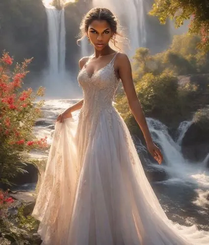 As the sun sets behind the waterfall, a cascade of sparkling gowns and flowing flowers floats lazily on a tranquil lake. The gown is adorned with a shimmering red slender gown, complete with a regal g