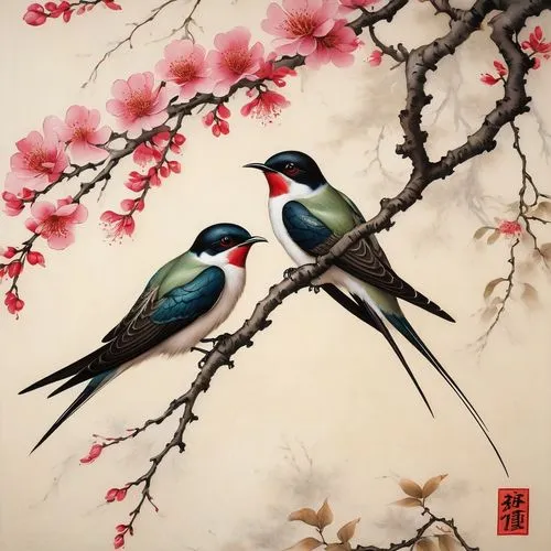 oriental painting,blue birds and blossom,flower and bird illustration,bird painting,japanese art,birds on a branch,Illustration,Realistic Fantasy,Realistic Fantasy 34